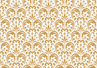 Wallpaper in the style of Baroque. Seamless vector background. White and gold floral ornament. Graphic pattern for fabric, wallpaper, packaging. Ornate Damask flower ornament