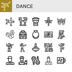 Set of dance icons such as Capoeira, Hip hop, Waltz, Bongo, Samba, Ballet, Maracas, Jukebox, Castanets, Disc jockey, Foxtrot, Bollywood, Dab, Regional dance, Dance, Traditional ,