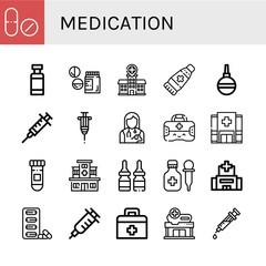 Fototapeta premium Set of medication icons such as Drug, Drug container, Drugs, Hospital, Ointment, Pear Enema, Syringe, Vaccine, Veterinarian, First aid kit, Medicine, Pills, Vaccination , medication