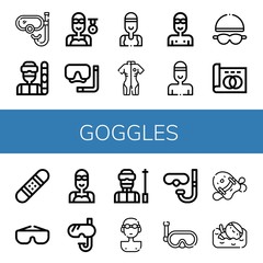 Set of goggles icons such as Snorkel, Snowboarder, Swimmer, Diving mask, Neoprene, Goggles, Greyscale, Snowboard, Ski, Diving glasses, Pool kickboard , goggles