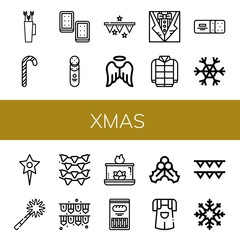 Set of xmas icons such as Bow, Candy canes, Cracker, Garlands, Angel, Winter, Snowflake, Star, Firework, Aromatic candle, Mistletoe, Jumper , xmas
