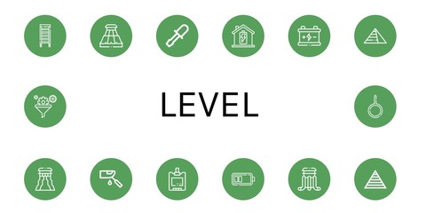 Set of level icons such as Ladder, Slider, Chisel, Battery, Pyramids, Glucosemeter, Sugar blood level, Pyramid, Filter, Neutral , level