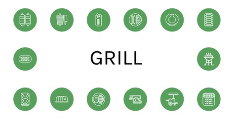 Set of grill icons such as Sausage, Shawarma, Ribs, Tenderloin, Steak, Hot dog, Shish kebab, Charcoal grill , grill