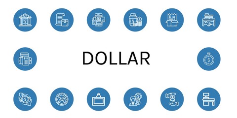 Set of dollar icons such as Online banking, Bill, Secure payment, Money jar, Corruption, Transaction, Roulette, Sign, Accounting, Pay, Cash register, Time is money , dollar