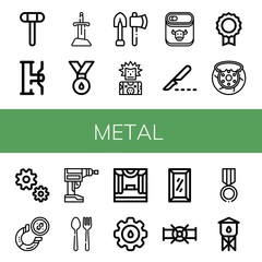Set of metal icons such as Reflex hammer, Water tap, Sword, Medal, Tools, Punk, Canned food, Scalpel, Brake, Gear, Horseshoe, Driller, Cutlery, Stage, Cogwheel, Full length mirror , metal