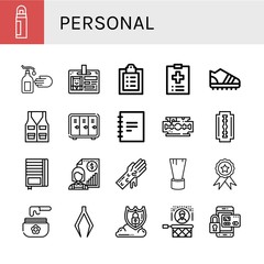 Set of personal icons such as Deodorant, Hand wash, Id card, Medical record, Trainers, Vest, Locker, Notebook, Razor blade, Shaving razor, Individual, Hand washing , personal