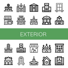 Set of exterior icons such as Pizza shop, Shop, Church, Hospital, Town hall, Shopping mall, Parthenon, Window, Fire station, Clinic, Wooden house , exterior
