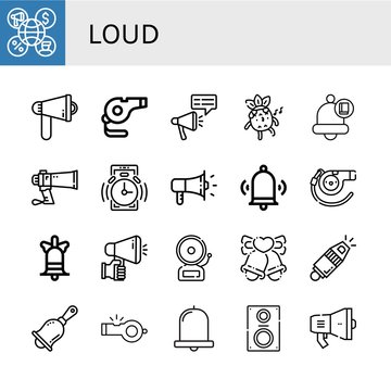 Set of loud icons such as Megaphone, Whistle, Bell, Alarm, Bells, Handbell, Loudspeaker , loud