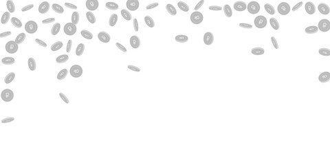 Russian ruble coins falling. Scattered black and w