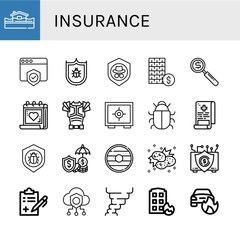 Set of insurance icons such as Flood, Shield, Antivirus, Investment, Medical appointment, Armor, Safe, Medical report, Insurance, Collision, Hurricane, House on fire , insurance