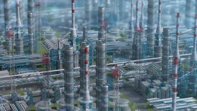 Oil and gas refinery plant factory with chemical formula design, orbit view, defocus shot, industry petroleum zone, pipe steel and oil storage tank. Aerial drone fly, plant shot. 3D generated image.