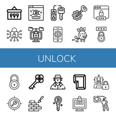 Set of unlock icons such as Keys, Lock, Password, Car key, Key, Detective, Brickwall , unlock