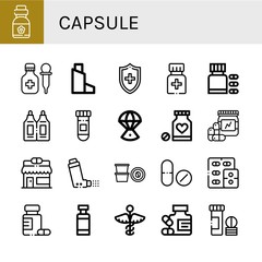 Set of capsule icons such as Vitamins, Medicine, Inhaler, Medical, Suppositories, Space capsule, Pharmacy, Coffee capsule, Drug, Drug container, Vitamin ,