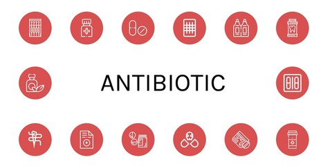 Set of antibiotic icons such as Needle, Medicine, Drug, Gauze, Suppositories, Prescription, Drugs, Pills, Blister pack , antibiotic