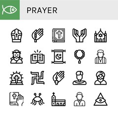 Set of prayer icons such as Christianity, Pope, Bead, Bible, Prayer, Synagogue, Jesus, Islam, Pastor, Swastika, Priest, Muslim, Pastafarianism, Monastery, God , prayer