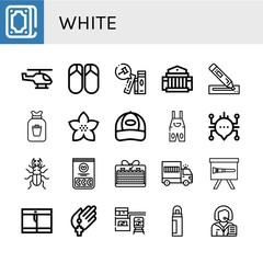 Set of white icons such as Fortunetelling, Helicopter, Flips flops, Books, Museum, Marker, Rubbish, Flower, Cap, Overall, Chat, Beetle, Jelly beans, Cake, Prisoner transport vehicle , white