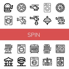 Set of spin icons such as Slot machine, Washing machine, Roulette, Helicopter, Spinning top, Merry go round, Round up ride, Gimbal, Mixing table , spin