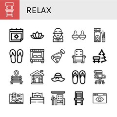Set of relax icons such as Chair, Summer, Lotus flower, Golfer, Massage, Aromatherapy, Flip flops, Bed, Essential oil, Armchair, Bench, Sauna, Pamela, Fish therapy, Visual , relax