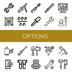 Fototapeta na wymiar Set of options icons such as Wrench, Tool, Screwdriver, Filter, Edit tool, Play button, Tools, Configuration , options