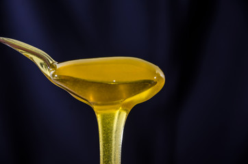 a spoonful of sweet, fresh honey. Honey in a spoon on a dark blue background. Close-up. Mod flowing...