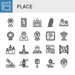 Set of place icons such as Itinerary, Placeholder, Gps, Castle, Leaning tower of pisa, Location, Medal, Parking, Trophy, Rank, Kremlin, Reward, Treasure map, Marker, Big ben , place