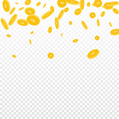 Russian ruble coins falling. Scattered disorderly 