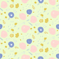 Floral vector seamless pattern with  flowers and leaves. Beautiful hand drawn flowers in  light pastel colors in vintage style.