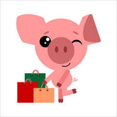 Sale banner template design with cute cartoon pink pig. Illustration of kawaii pink pig and packages. Vector illustration.