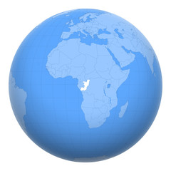 Republic of the Congo (ROC) on the globe. Earth centered at the location of the Congo. Map of Congo-Brazzaville. Includes layer with capital cities.