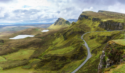 Panoramic image of spectacular scenery of The Quiraing on the Isle of Skye in summer , Scotland