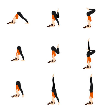 Headstand prep yoga poses set/ Illustration stylized woman practicing yoga postures variations for shirshasana