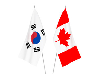 National fabric flags of South Korea and Canada isolated on white background. 3d rendering illustration. © epic