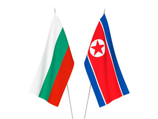 National fabric flags of Bulgaria and North Korea isolated on white background. 3d rendering illustration.