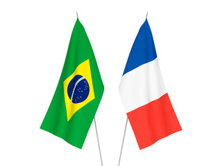 National fabric flags of France and Brazil isolated on white background. 3d rendering illustration.
