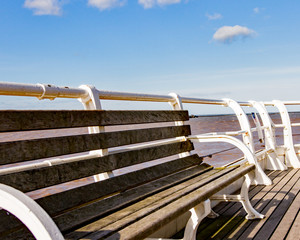 Wooden bench seating on Cromer pier