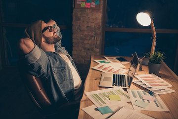 Profile photo of relaxing guy work at dark time having some rest wear casual outfit sit modern...