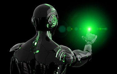 Black and green intelligent robot cyborg pointing finger on dark 3D rendering