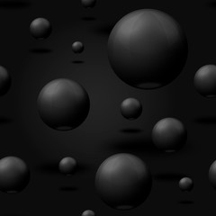 Vector 3D realistic seamless pattern with black marble balls, flying in the air, isolated on dark background.