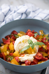 Mozzarella Kugel mit roten und gelben Tomaten, Basilikum und Olivenöl auf Teller auf Marmor Hintergrund