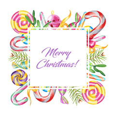 Obraz premium Watercolor sweet frame isolated on a white background with candies, lollipops and plants. Square border for Christmas design