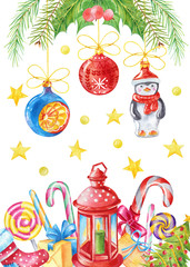 Watercolor Christmas postcard with Christmas toys, gifts, candies, stars and lights. Best for card or invitation design
