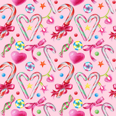 Watercolour seamless pattern with candies, lollipops, heart and stars on a pink background. Vintage backdrop for Christmas design