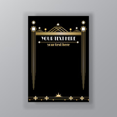 Art Deco page template, retro  style for web and print, city and the lights pattern with golden lines. Modern design for menu or flyer, luxury gentle 