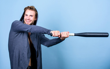 Bully mood. Bad boy concept. Man handsome bully guy with baseball bat. Strong and confident. Sport...