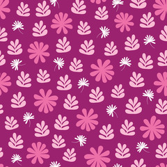 Stylized purple flowers and foliage seamless repeat pattern. A pretty vector Scandinavian inspired tossed design.