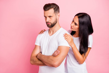 Portrait of his he her she two nice attractive lovely sullen spouses folded arms wife supporting husband family difficulties grief isolated over pink pastel background