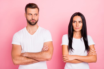 Portrait of his he her she two nice-looking attractive lovely charming cute calm focused content spouses folded arms thinking isolated over pink pastel background