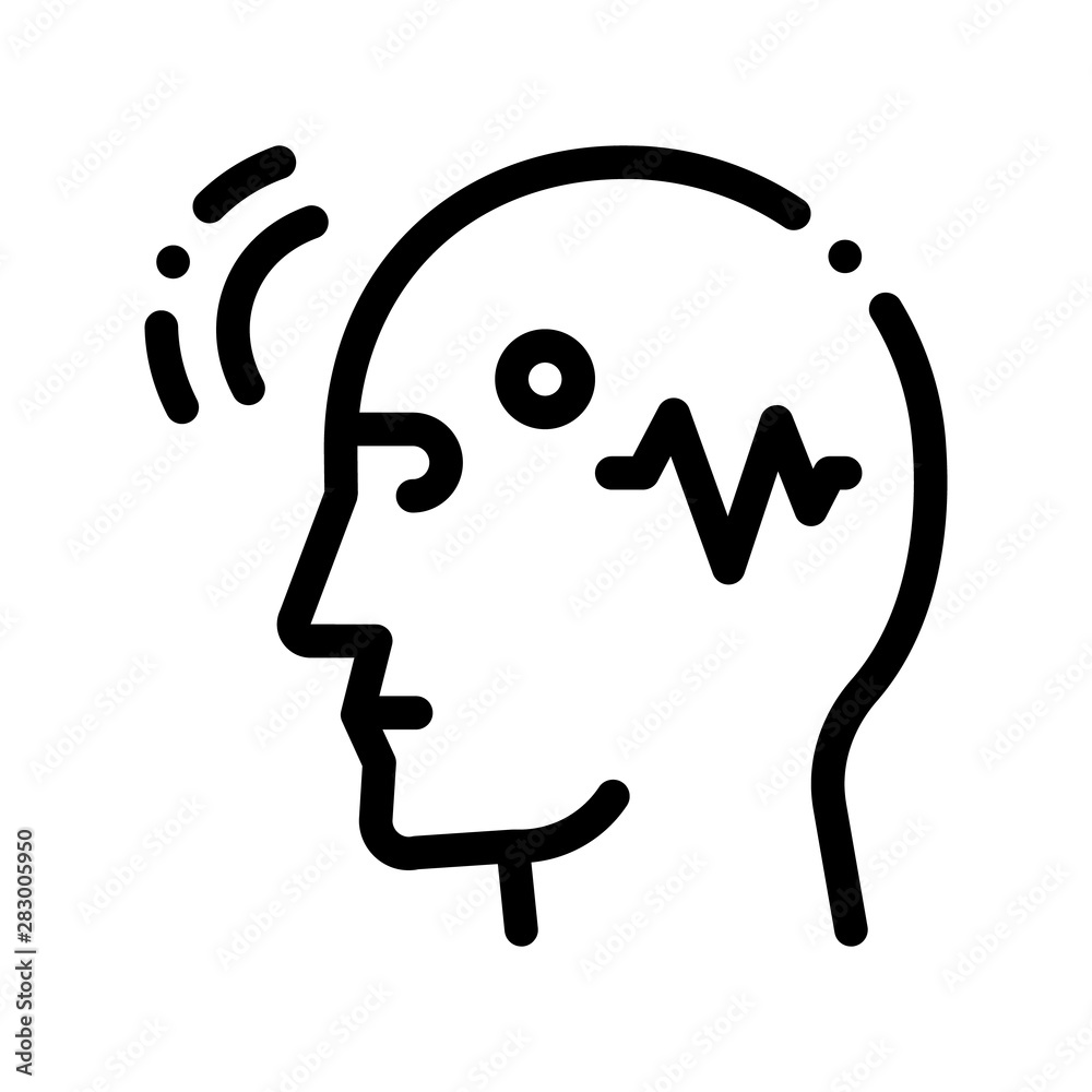 Sticker Brain Telepathic Control Vector Thin Line Icon. Artificial Intelligence Details Character Head And Telepathic Waves Linear Pictogram. Fingerprint, Microchip, Assembly Contour Illustration