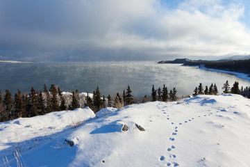 Lake Laberge Yukon ice fogs before freezing over