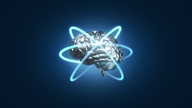 Blue metallic brain with atomic electron paths in orbit - 3D rendered illustration